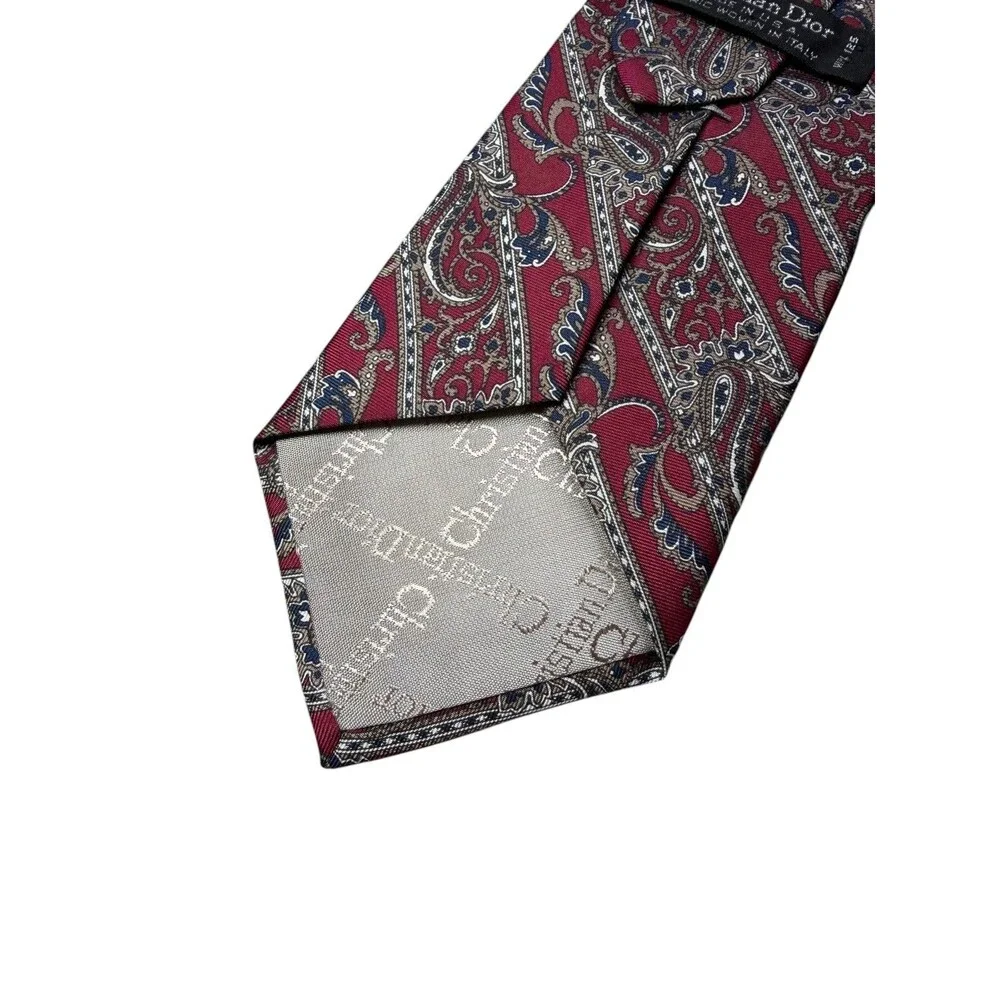 Christian Dior Paisley Silk Necktie Burgundy Navy Vintage Designer Men's